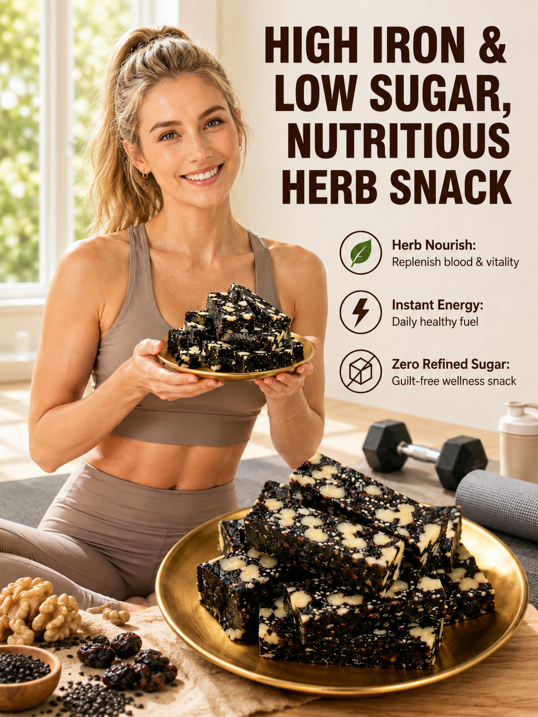 🌿 Mulberry Rehmannia & Black Goji Sesame Cake – Soft Herbal Nut Snack, Low Sugar Energy Bar 🖤🍇🌰-9SLL