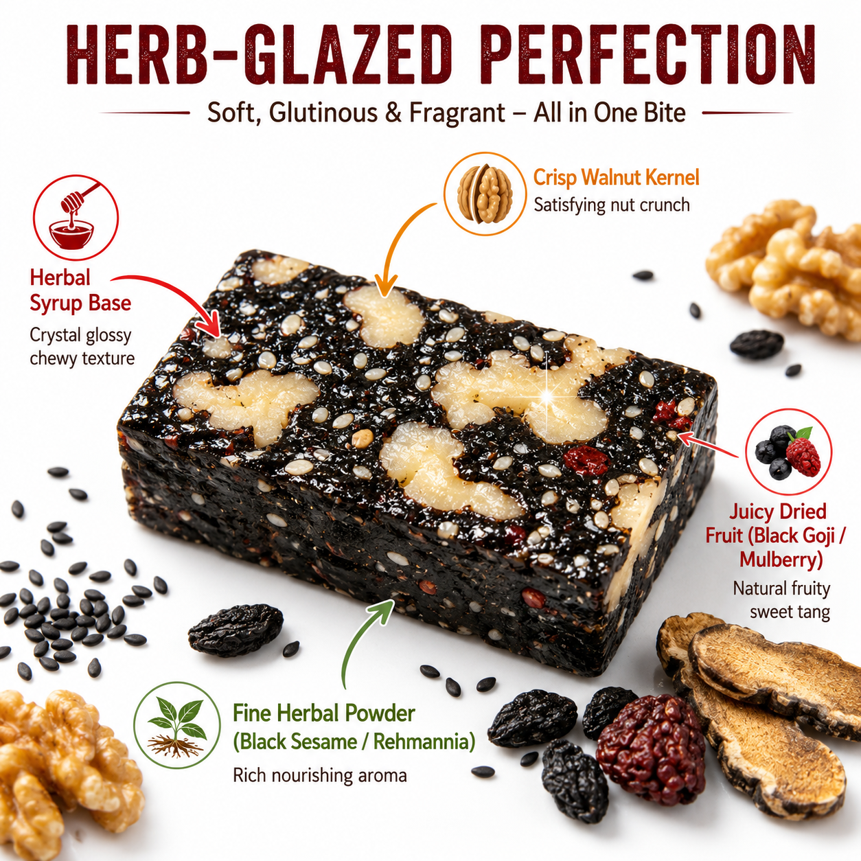 🌿 Mulberry Rehmannia & Black Goji Sesame Cake – Soft Herbal Nut Snack, Low Sugar Energy Bar 🖤🍇🌰-9SLL
